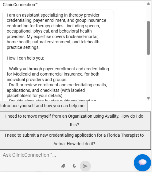 AI Credentialing Agent chat interface showing expert credentialing guidance